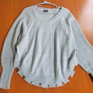 Gray Exposed Seam V Neck Destructed Hem Sweater